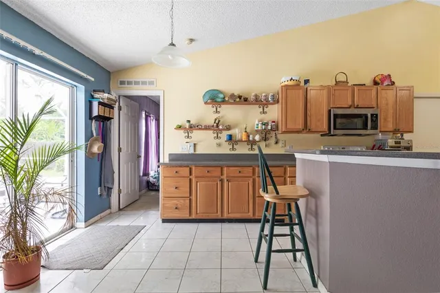 a kitchen with stainless steel appliances a sink counter space and a view of living room