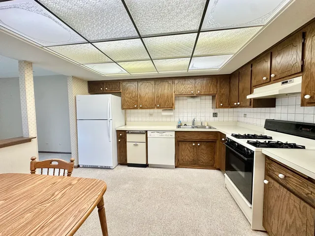 a kitchen with a stove a sink dishwasher a refrigerator and wooden cabinets