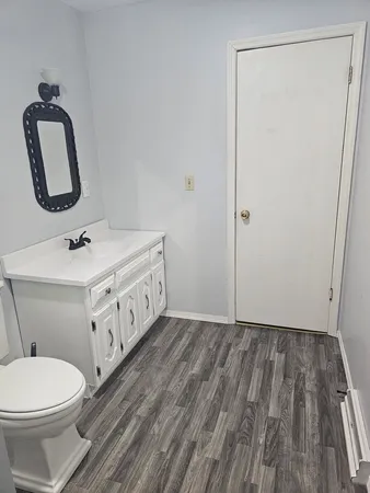 a bathroom with a toilet sink and mirror