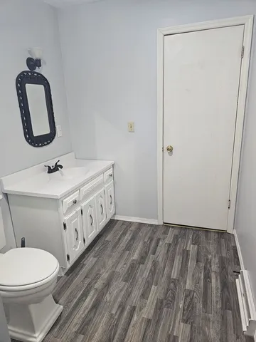 a bathroom with a toilet sink and mirror