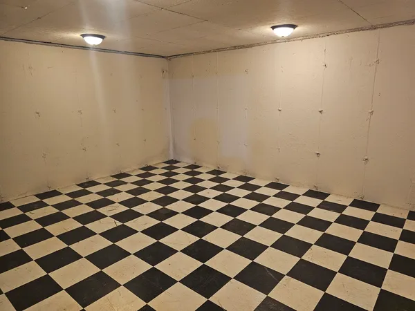 a black and white checkered floor