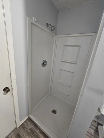 a bathroom with a glass door shower and closet