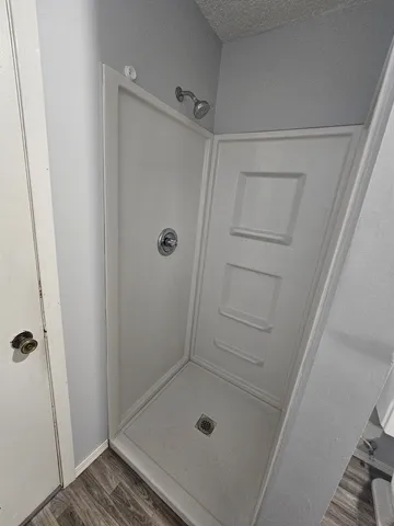 a bathroom with a glass door shower and closet