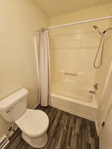 a bathroom with a toilet and a shower