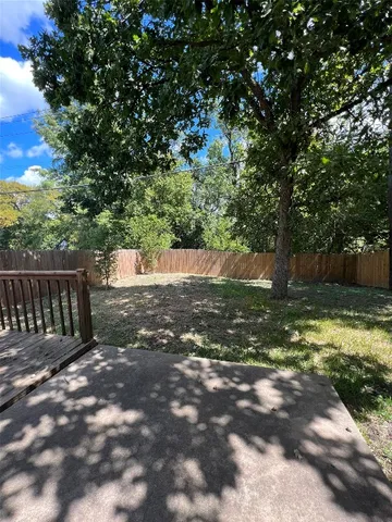 a view of a yard with plants and trees