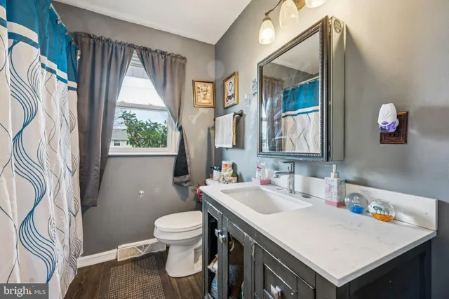 a bathroom with a sink a toilet and a mirror