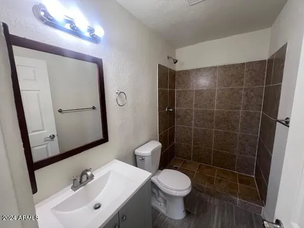 a bathroom with a toilet sink and mirror