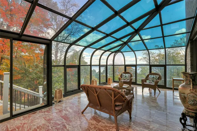 a building outdoor space with seating