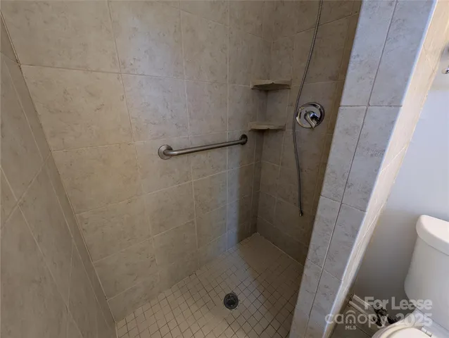 a bathroom with a shower and toilet