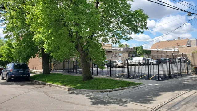 a view of a park with bench and trees