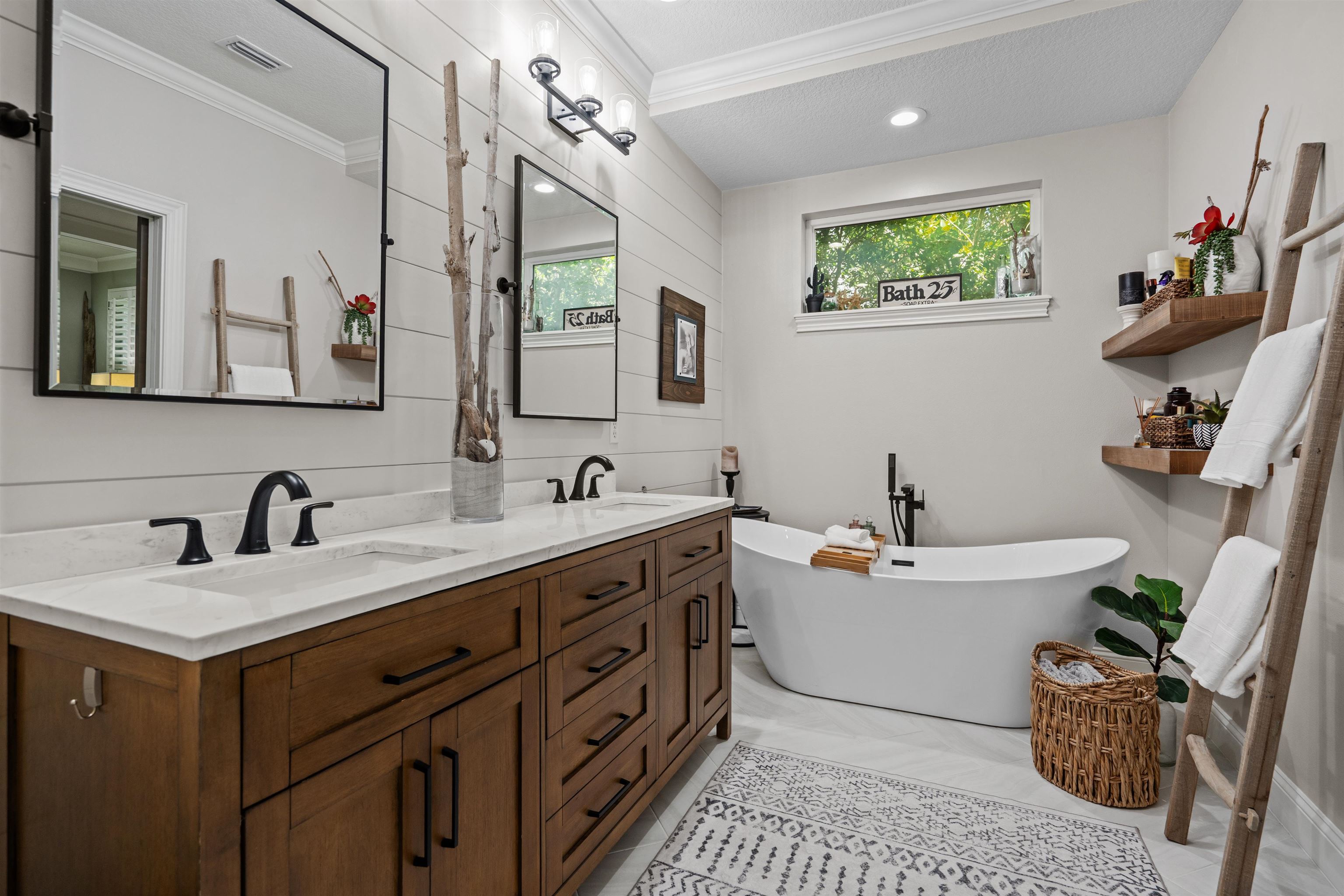 912 Sandy Beach Circle St. Augustine, FL 32080 - Photo 46 of 71 Full bath with ornamental molding, double vanity, a soaking tub, and recessed lighting