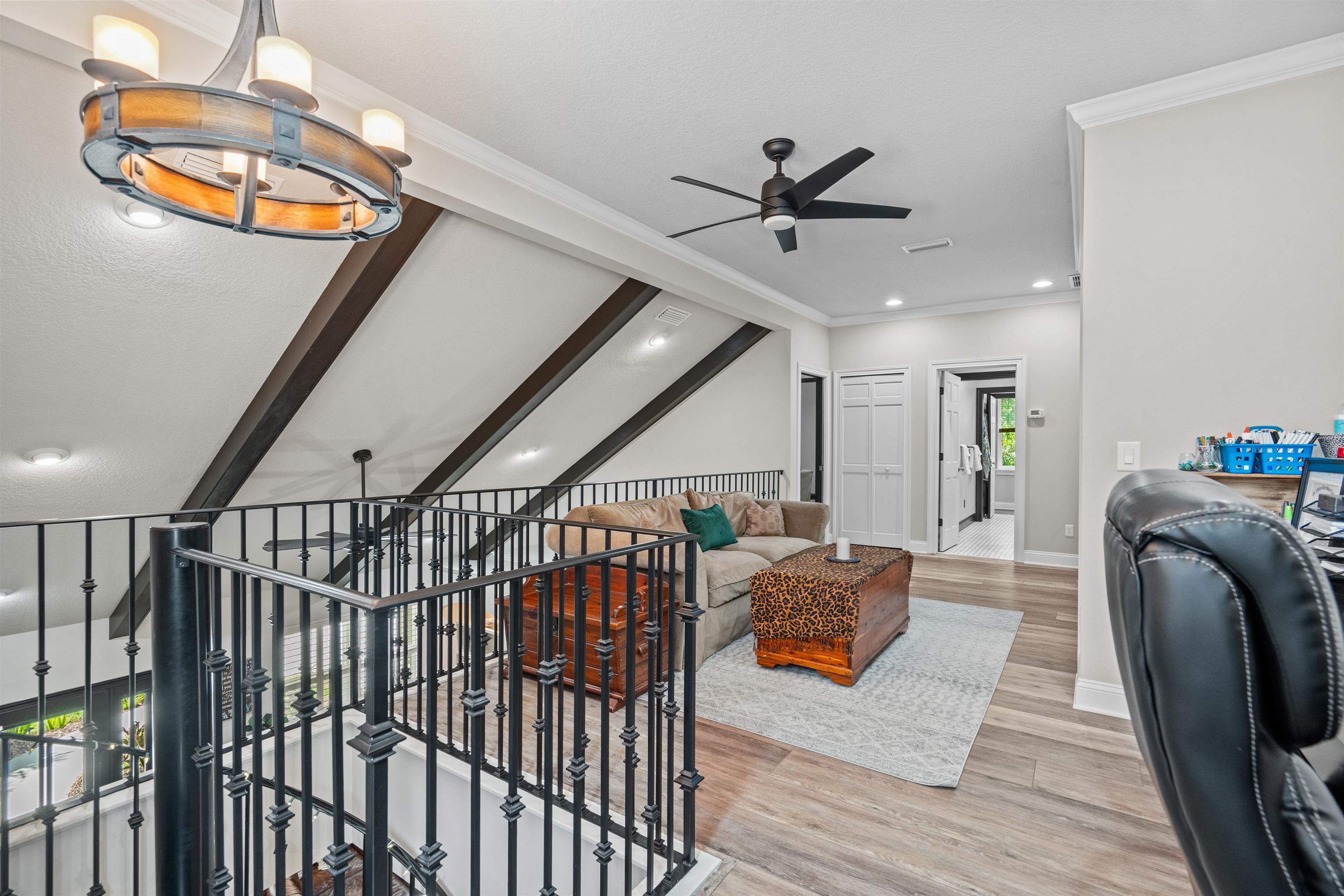 912 Sandy Beach Circle St. Augustine, FL 32080 - Photo 53 of 71 Living area with ceiling fan, light wood-style flooring, crown molding, and recessed lighting