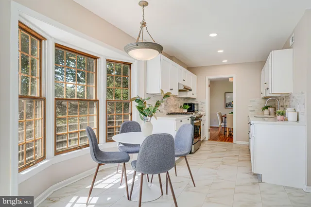 a white kitchen with a potted plant on the counter and a window