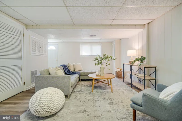 a living room with furniture and a potted plant