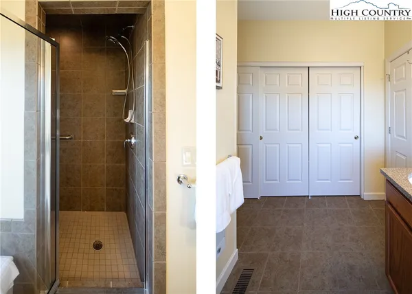 a bathroom with a tub and shower