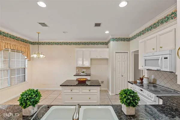 a kitchen with a potted plant on the counter and cabinets