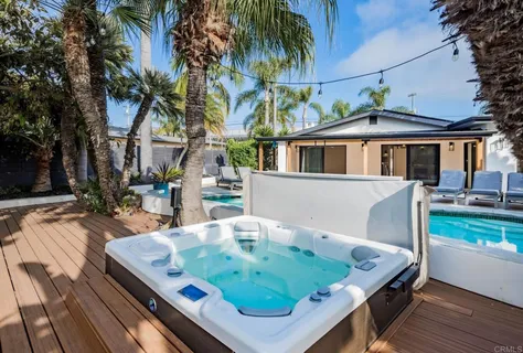 an outdoor space with furniture