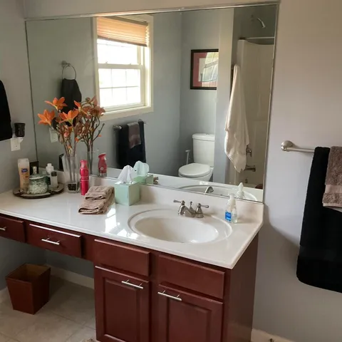 a bathroom with a sink double vanity and a mirror