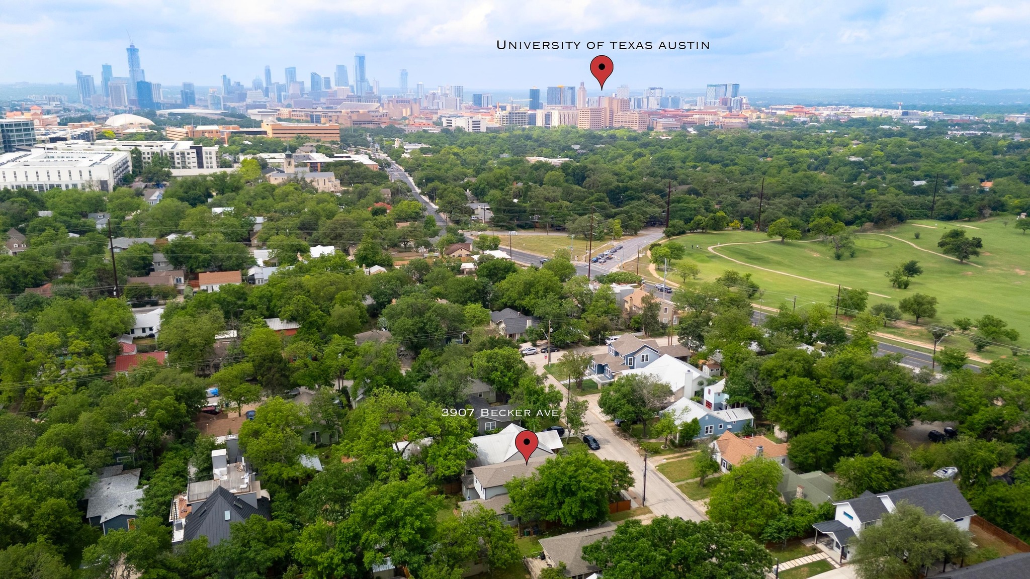 3907 Becker Avenue Austin, TX 78751 - Photo 34 of 37 Aerial view of property and surrounding area featuring skyline and a tree filled landscape