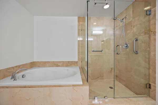 a bathroom with a bathtub and a shower