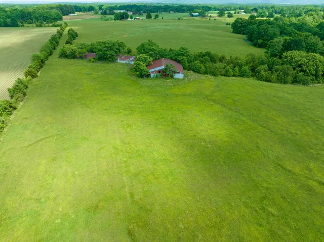 a view of a green field with an ocean view