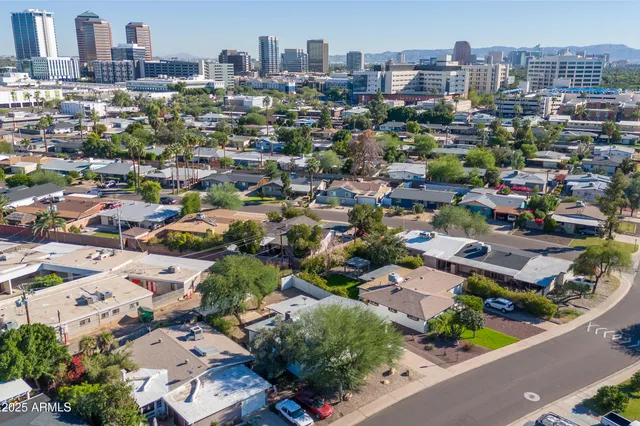 a city view with tall buildings
