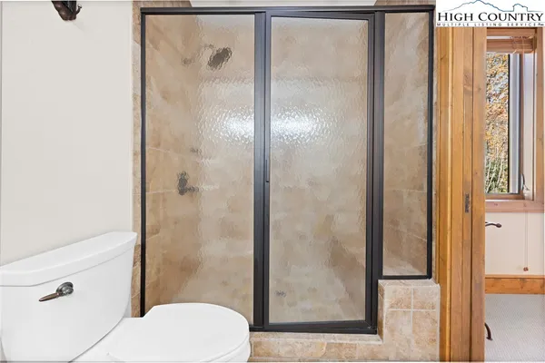 a bathroom with a shower and a toilet