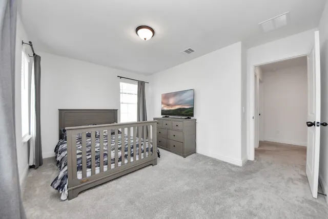 a bedroom with a bed and a cabinets
