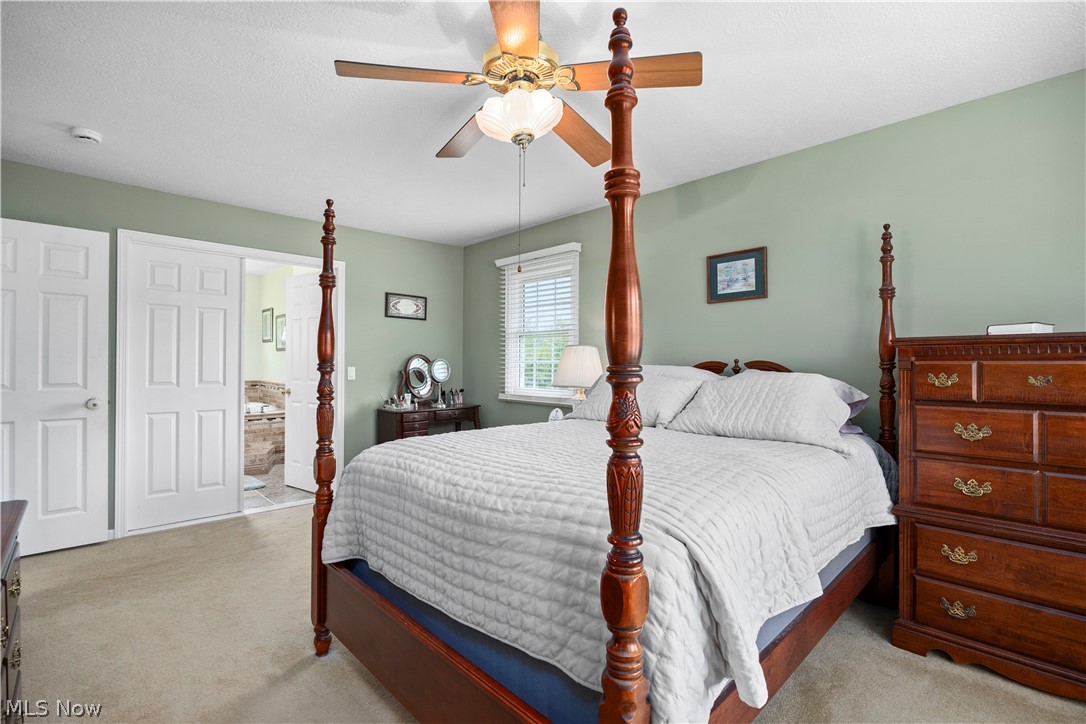 3270 North Ridge Road Vermilion, OH 44089 - Photo 28 of 49 Ceiling fan with integrated lighting, window with blinds, light-colored carpeting, two white interior doors, and a partial bathroom interior