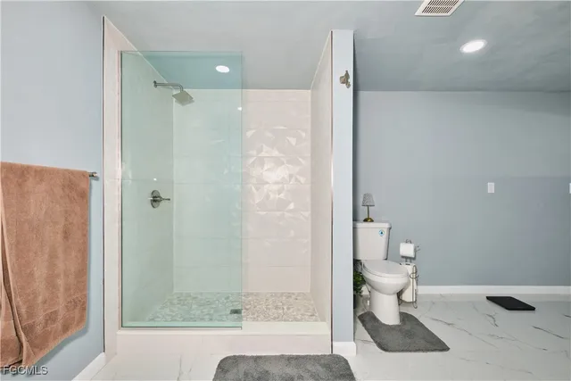a bathroom with a shower and a toilet