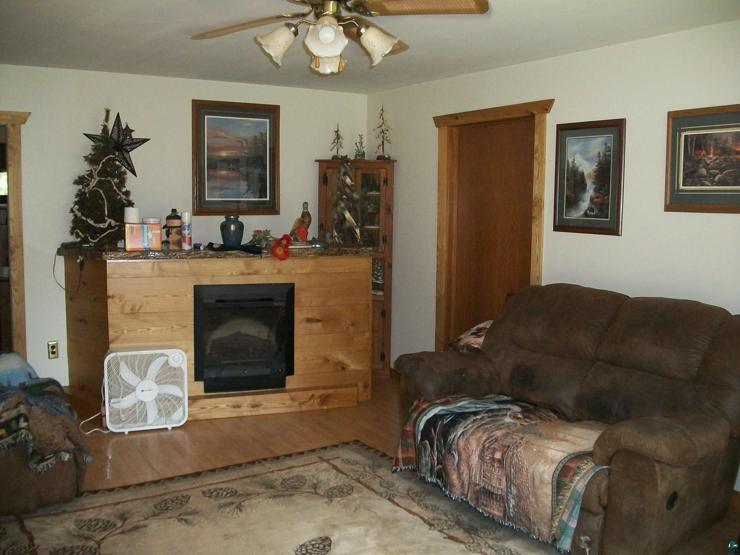 3917 Highway 5 Hibbing, MN 55746 - Photo 11 of 36 Living area featuring wood finished floors, a fireplace, and ceiling fan