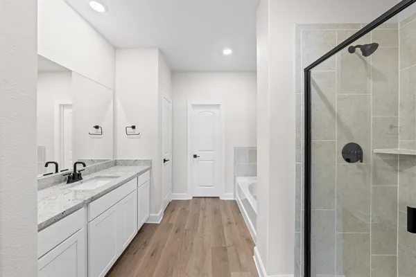 a view of a bathroom with a double vanity sink a mirror and shower