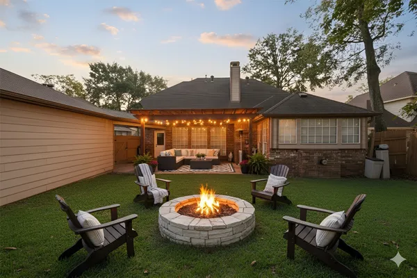 a backyard of a house with fire pit and outdoor seating