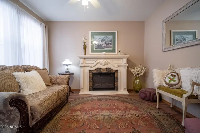 a living room with furniture and a fireplace