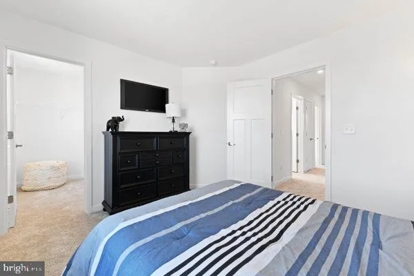 a bedroom with a bed and a television