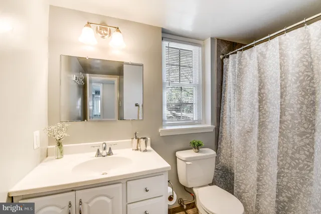 a bathroom with a sink vanity mirror and toilet