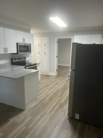 a kitchen with a refrigerator and a sink