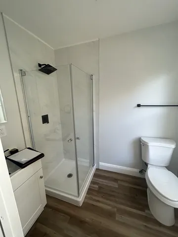 a bathroom with a toilet and a shower