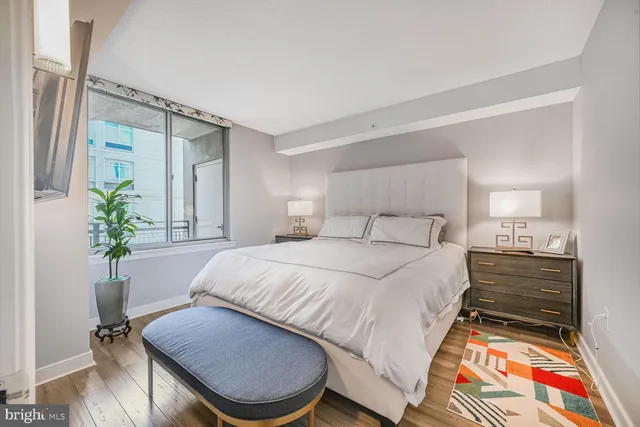 a spacious bedroom with a bed and a potted plant