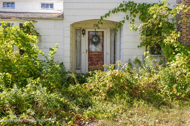 a front view of a house with plants