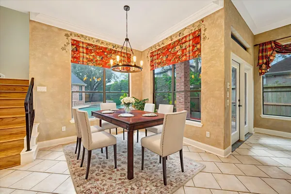a view of a dining room with furniture window and outside view