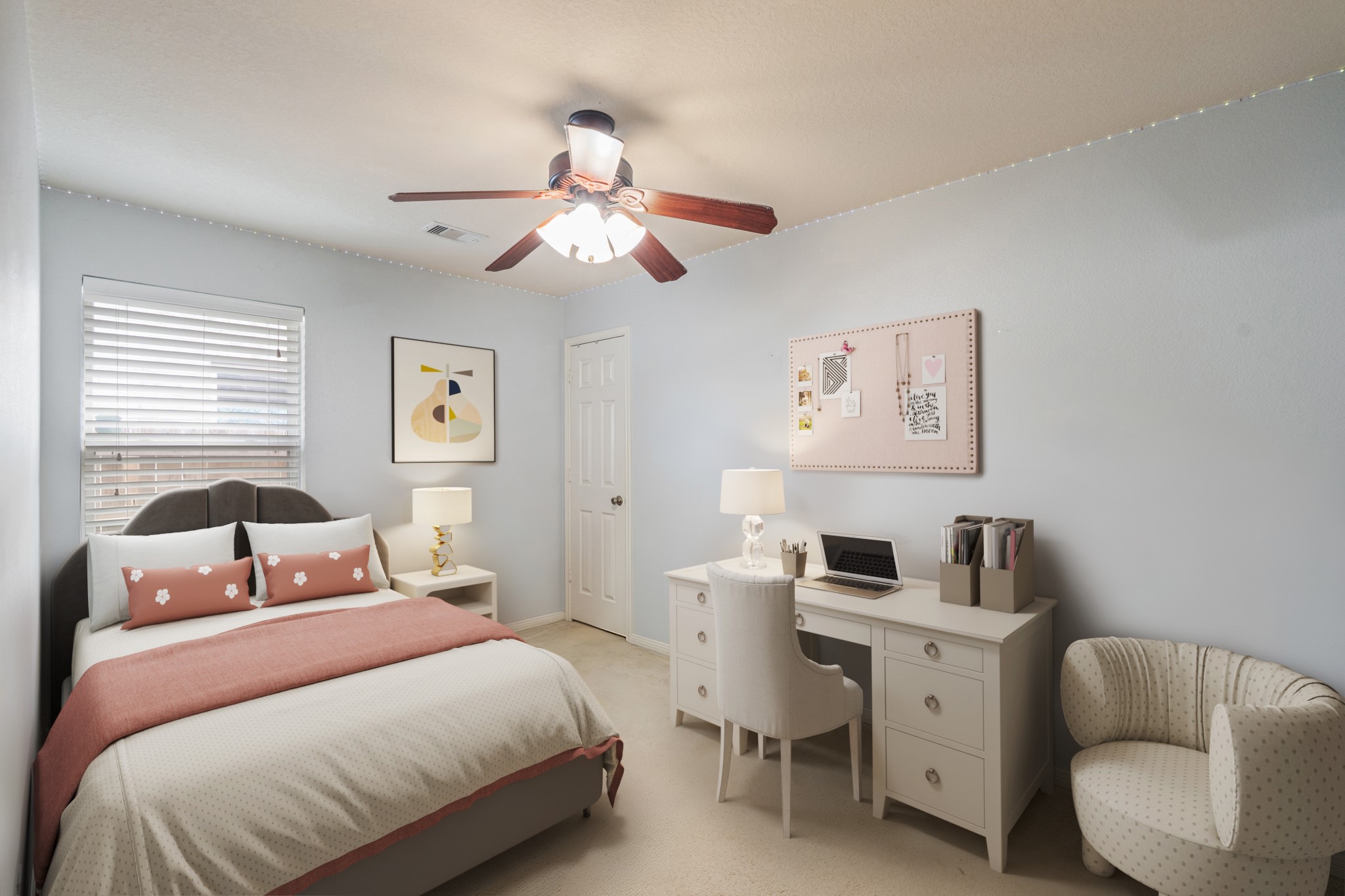 19646 Hardwood Ridge Trail Cypress, TX 77429 - Photo 17 of 22 Virtually Staged: Secondary bedroom with carpet floors, a ceiling fan, a built-in closet, and a window with privacy blinds.