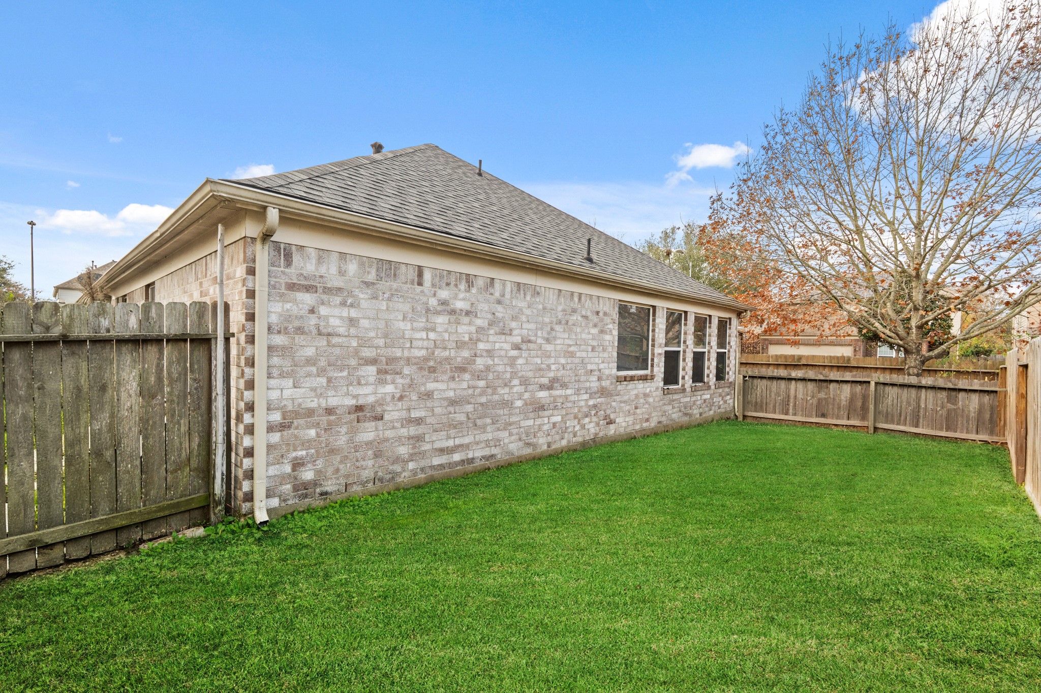 19646 Hardwood Ridge Trail Cypress, TX 77429 - Photo 21 of 22 Virtually Cleaned: This backyard offers a quiet, private outdoor space with a natural, relaxed feel. The yard is enclosed by a wood privacy fence and features a grassy lawn with mature trees that provide shade and seasonal color.