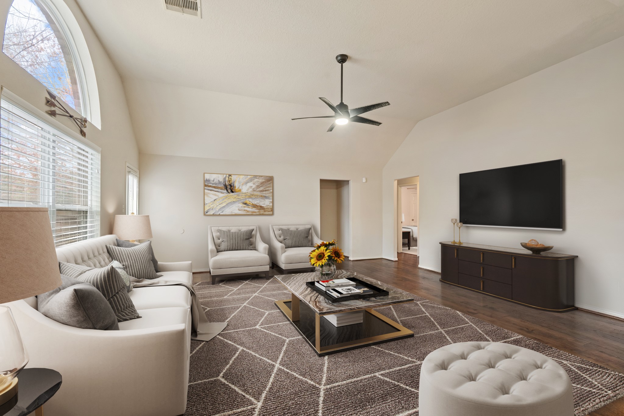19646 Hardwood Ridge Trail Cypress, TX 77429 - Photo 5 of 22 Virtually Staged: Large openings and neutral walls allow natural light to move freely throughout the space, making this living room both functional and ideal for relaxing or hosting guests.