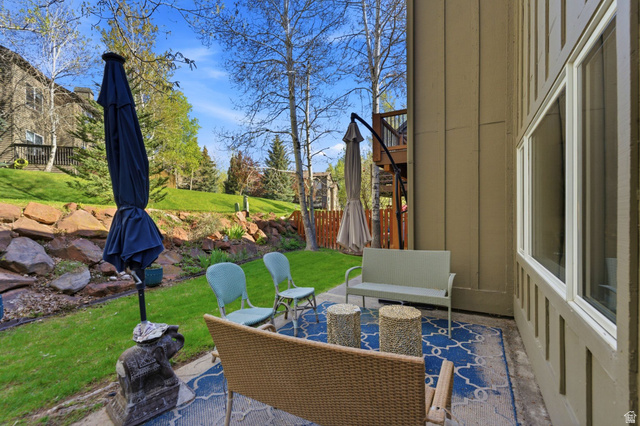 7930 Mustang Loop Road Park City, UT 84098 - Photo 22 of 23 Exterior patio featuring a blue patterned outdoor rug and solid exterior wall paneling