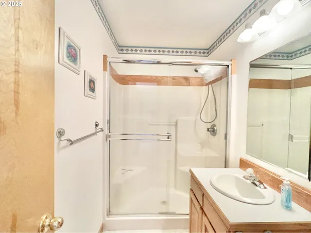 a bathroom with a sink a mirror and a shower