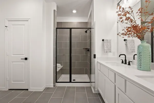 a bathroom with a shower and a sink
