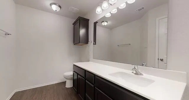a bathroom with a sink a light fixture and a mirror