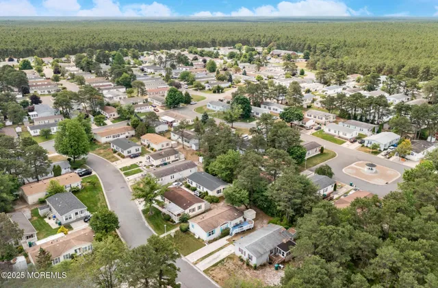 an aerial view of residential houses with outdoor space and trees