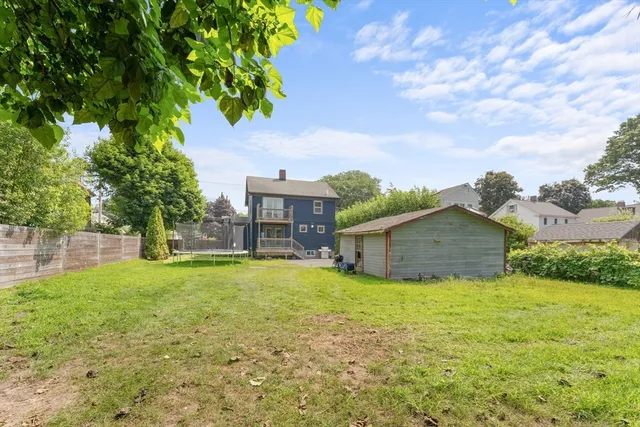 a view of a backyard with grass and a large tree